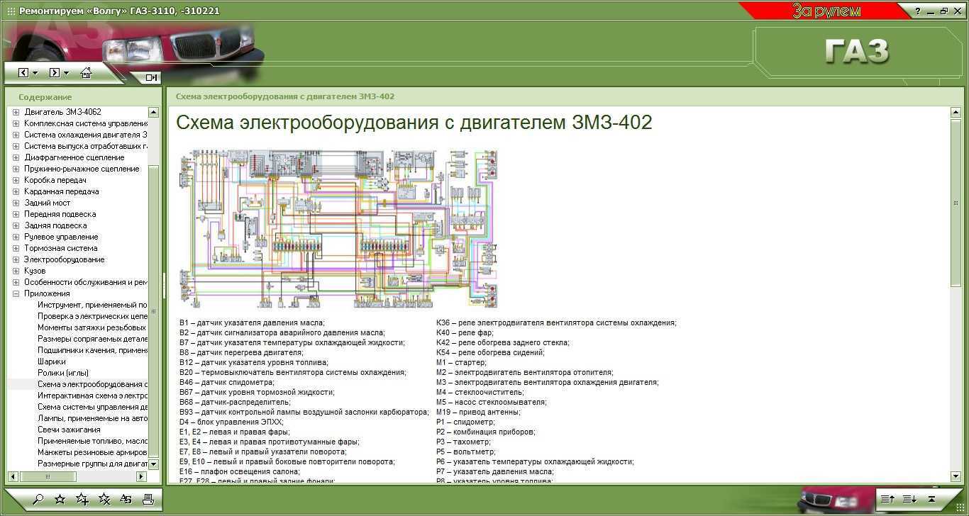 Приложение схема электрооборудования автомобиля газ-3110 с двигателем змз-402